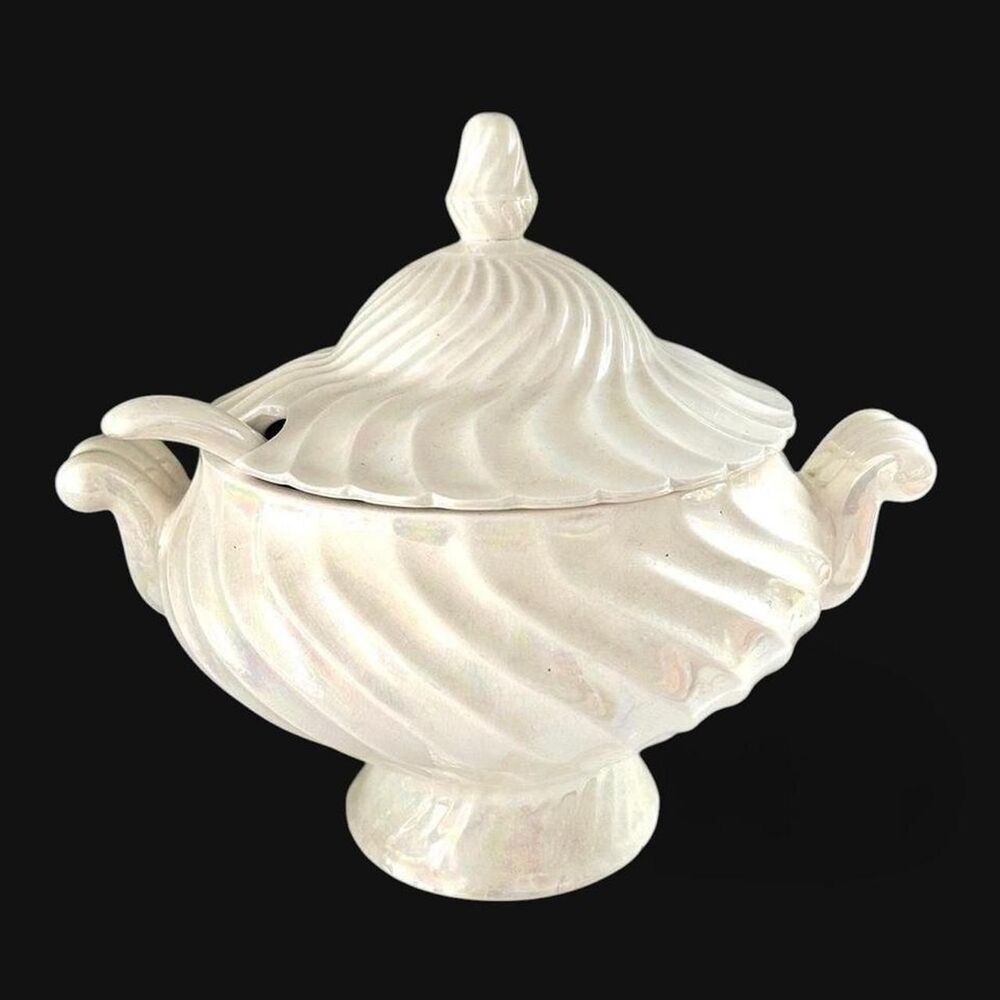 Vintage Iridescent Glazed White Ceramic Soup Tureen